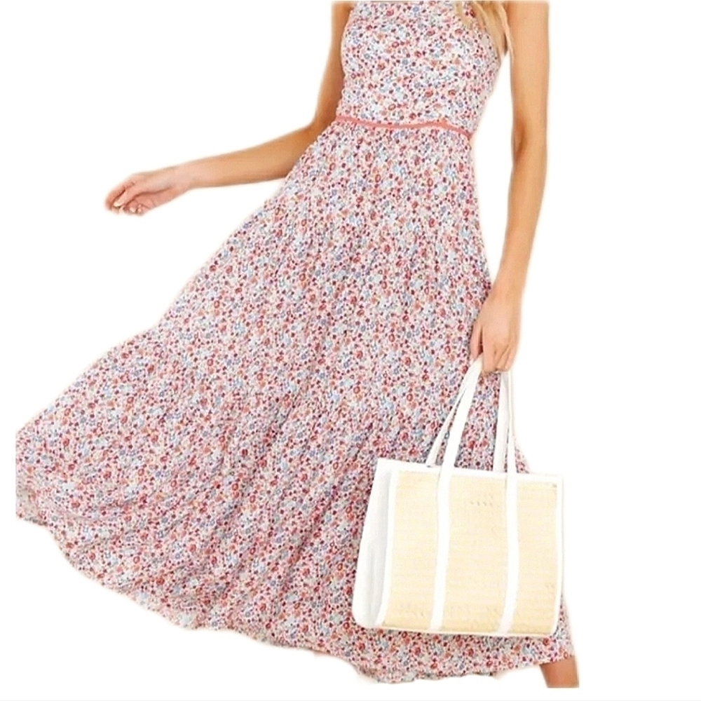 AaKaa Tiered Floral Criss-cross Back Midi Dress
